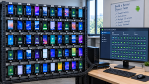An AI generated picture showing a rack of Android phones connected to a computer