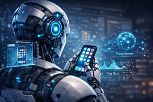 An AI generated photo that shows a robot holding an iphone, looking at the screen.